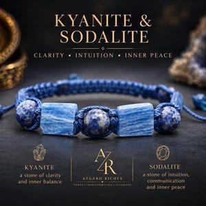 May include: A blue braided cord bracelet featuring alternating faceted round sodalite beads and rectangular kyanite stones. The text reads KYANITE & SODALITE, CLARITY • INTUITION • INNER PEACE, AZGARD RICHES, and descriptions of kyanite and sodalite properties.