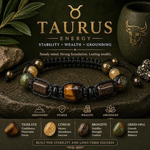 May include: A Taurus energy bracelet featuring tiger eye, citrine, bronzite, and green opal stones. The bracelet is black and brown, with a braided design. The image includes text that reads "Taurus Energy" and "Built for Stability and Long-Term Success."