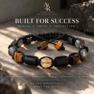 Könnte beinhalten: Ein Perlenarmband mit facettierten Steinen aus Citrin, Tigerauge, Labradorit, schwarzem Turmalin und Hämatit an einer schwarzen Kordel. Das Bild enthält den Text: AZGARD RICHES, BUILT FOR SUCCESS, WEALTH, FOCUS, PROTECTION, SEE THE OPPORTUNITY.