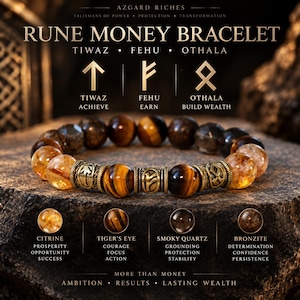 May include: A beaded bracelet featuring tiger's eye, citrine, and smoky quartz stones interspersed with antique brass metal spacers engraved with Tiwaz, Fehu, and Othala runes. The text reads RUNE MONEY BRACELET, TIWAZ, FEHU, OTHALA, and lists stone properties.