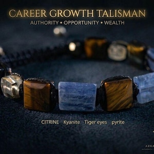 Può includere: Un braccialetto con perline rettangolari alternate di occhio di tigre marrone, cianite azzurro e pirite metallica, infilate su un cordino nero. Il testo recita: CAREER GROWTH TALISMAN, AUTHORITY, OPPORTUNITY, WEALTH, CITRINE, Kyanite, Tiger eyes, pyrite.