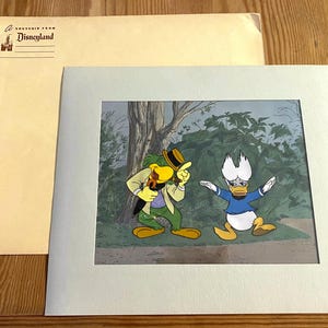 May include: A framed cartoon illustration of a yellow and green bird wearing a hat and a blue duck with white feathers. The bird is holding a microphone and the duck is smiling. The background is a green forest.