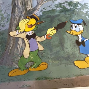 May include: A cartoon illustration of two characters. One character is a yellow bird wearing a hat and a bow tie, holding an umbrella. The other character is a blue duck wearing a sailor shirt and a bow tie. The background is a green forest.