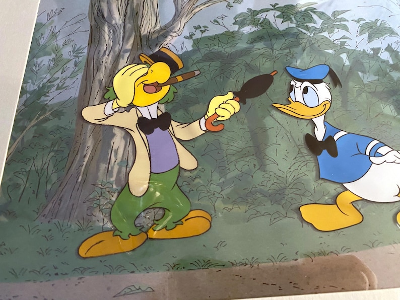 May include: A cartoon illustration of two characters. One character is a yellow bird wearing a hat and a bow tie, holding an umbrella. The other character is a blue duck wearing a sailor shirt and a bow tie. The background is a green forest.