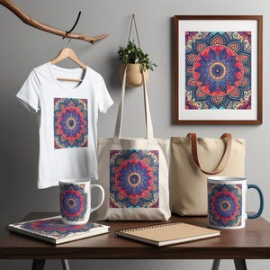 Puede incluir: Una colección de artículos con un colorido diseño de mandala. Incluye una camiseta blanca, un bolso de mano, una taza de café, una impresión enmarcada y un cuaderno. El diseño del mandala es en tonos azules, rojos, naranjas y amarillos.