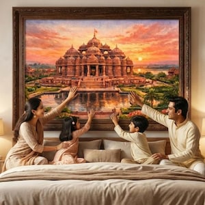 Swaminarayan Akshardham Delhi akvarelltryck | Modern tempel Metro Fusion väggkonst | Andlig dekor | Omedelbar digital nedladdning 300 DPI