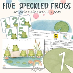 May include: Educational learning pack titled "Five Speckled Frogs." The image features number cards with frog illustrations, a five-frame activity, and book suggestions. The pack includes a rainbow graphic and the text "Oracy Playroom."