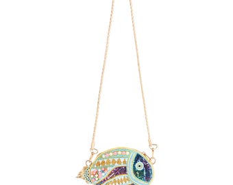 Hand Beaded Leather Fish Bag: Embroidered Boho Crossbody Clutch