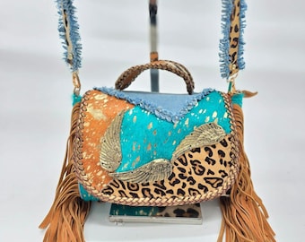 Handmade Patchwork Crossbody Bag | Leopard, Turquoise, Fringe
