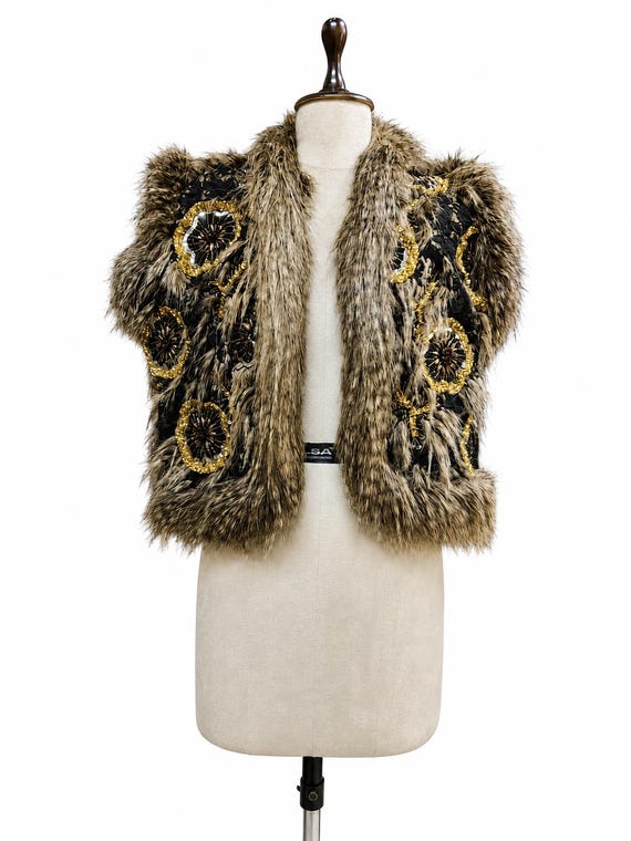 Black Gold Embellished Faux Fur Vest, Boho Statement Gilet, Festival Layering Piece