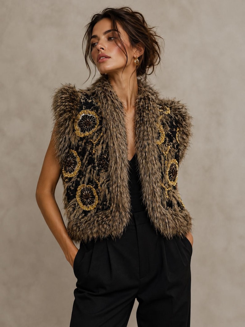 May include: A sleeveless vest featuring a brown faux fur trim along the edges and collar, layered over a black base with intricate gold and black circular embroidered floral patterns throughout the front panels and shoulders.