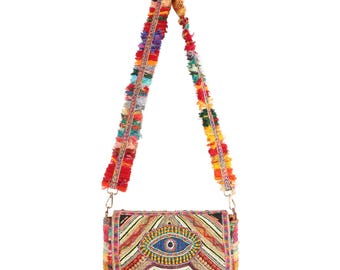 Evil Eye Beaded Crossbody Bag: Handmade Boho Fringe Purse Indian Handicraft