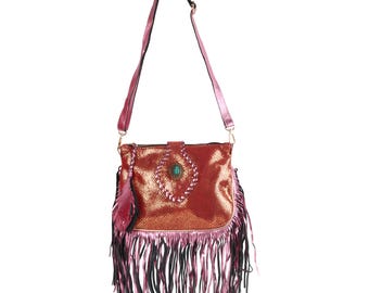 Handmade Metallic Red Leather Fringe Pouch: Boho Festival Crossbody Bag