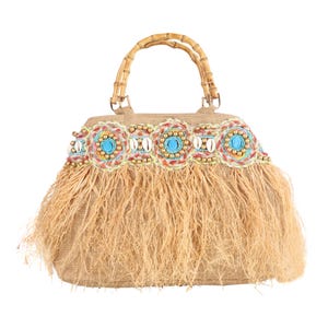 Kamarvy Boho Jute Handbag with Raffia Fringe, Beaded Embroidery, Bamboo Handle | Beach Bag | Natural Summer Purse | Handmade Tote