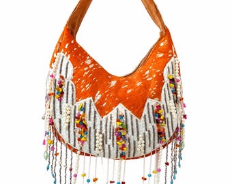 Boho Orange Hair-on-Hide Shoulder Bag, Beaded Fringe Hobo Purse, Western Festival Handbag