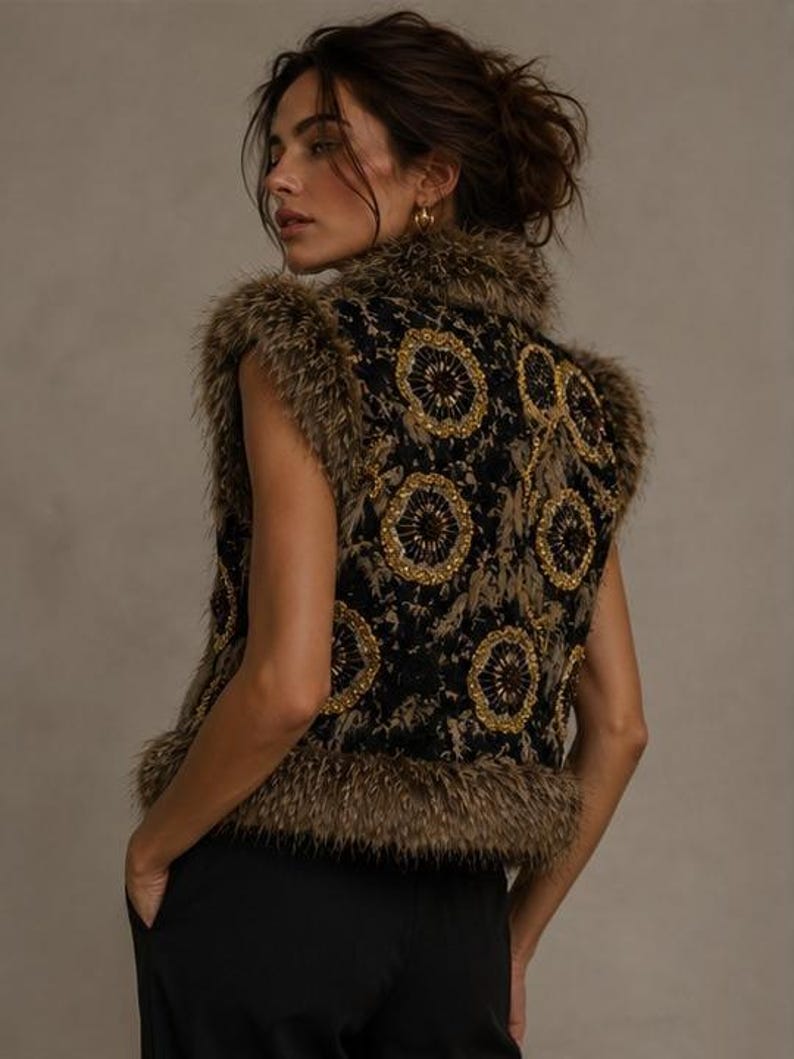 May include: A sleeveless vest featuring a black base with intricate gold circular embroidery and beadwork. The garment is trimmed with brown faux fur along the collar, armholes, and hemline, creating a textured appearance with a dark color palette.