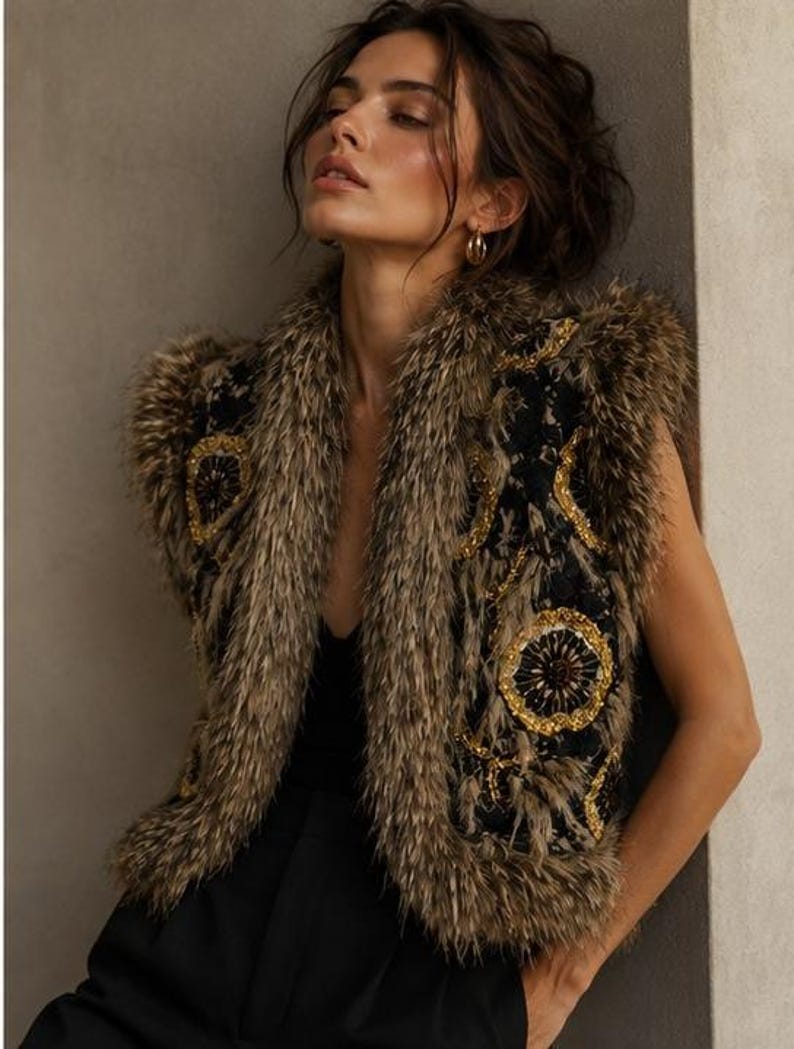 May include: A sleeveless vest featuring a black base with intricate gold sequin floral embroidery and a thick, textured brown faux fur trim along the collar, armholes, and hemline. The garment is worn over a simple black top and black trousers.