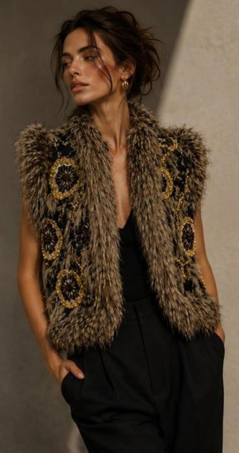 May include: A sleeveless vest featuring a textured brown faux fur trim along the edges and collar. The black base fabric is decorated with circular gold and dark brown embroidered floral patterns. The garment is worn over a simple black top.