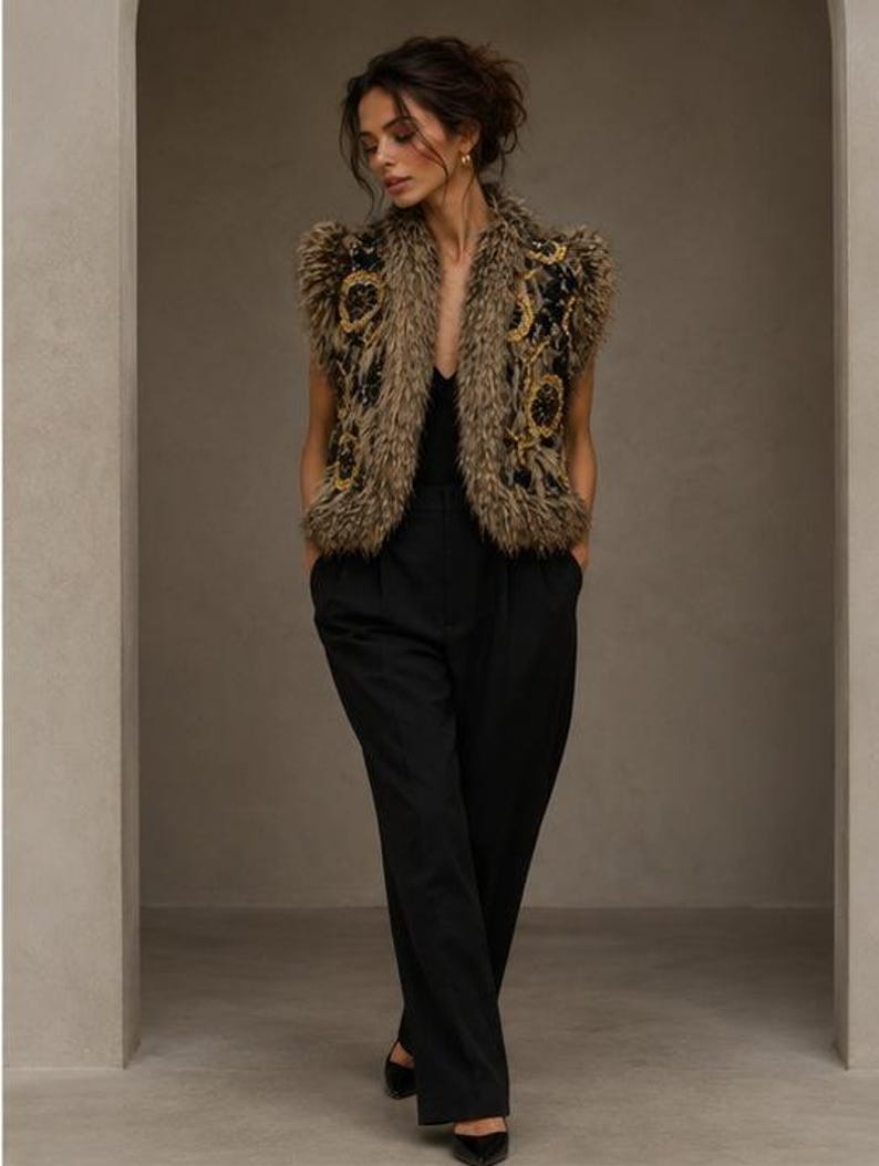 May include: A sleeveless vest featuring a textured brown faux fur finish with black and gold embroidered floral patterns on the front panels. The vest is worn over a black top and black trousers, creating a layered ensemble with a structured silhouette.
