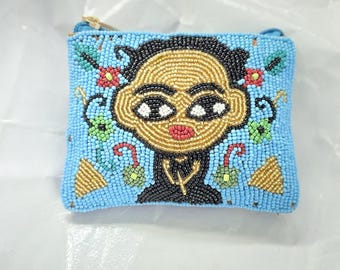 Hand Beaded Face Coin Purse Whimsical Blue Zipper Pouch Boho Art Wallet Handmade Beadwork Gift Mini Purse for Coins & Jewelry