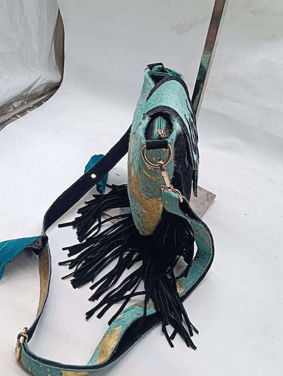 Turquoise & Black Cowhide Fringe Crossbody Bag: Western Boho  display picture 2