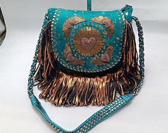 Boho Cowhide Fringe Crossbody Bag: Turquoise Embroidered Tooled Leather Purse
