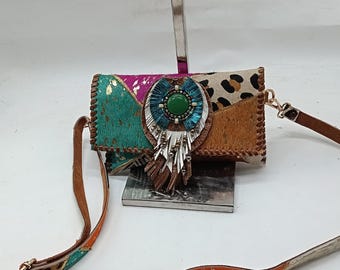 Boho Cowhide Crossbody Bag: Patchwork Leather Purse with Beaded Medallion