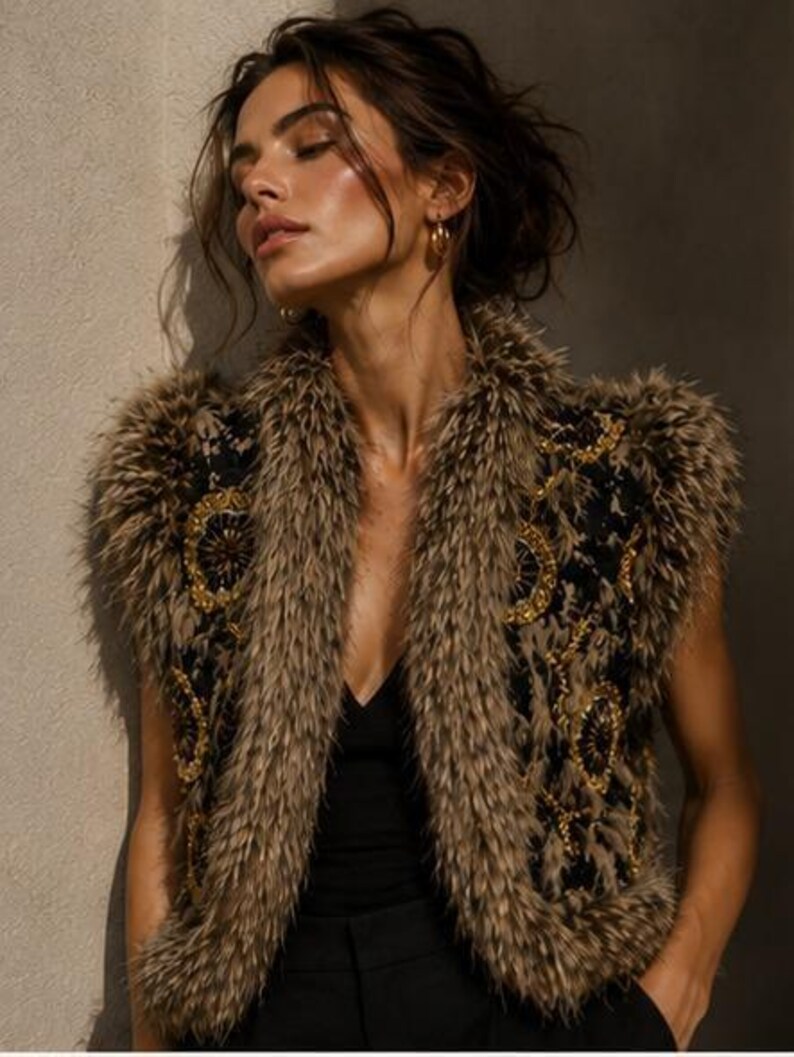 May include: A sleeveless vest featuring a black base with intricate gold embroidery and circular patterns. The garment is trimmed with thick, textured brown faux fur along the collar, armholes, and hem, creating a layered and detailed appearance.