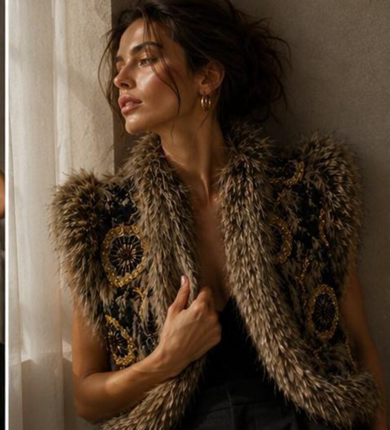 May include: A sleeveless vest featuring a textured brown faux fur trim along the collar and edges. The main body of the vest is black with intricate gold and dark beaded circular embroidery patterns throughout the front panels.