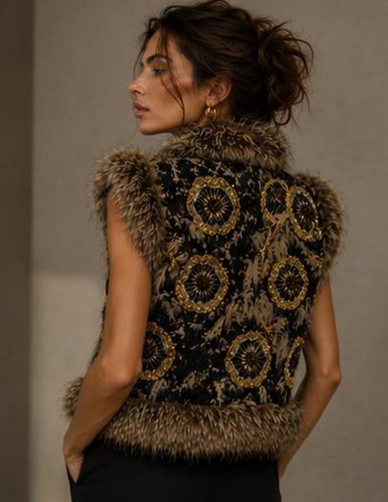 May include: A sleeveless vest featuring a black base with a tan abstract pattern and circular gold beaded embellishments. The garment is trimmed with brown faux fur along the collar, armholes, and hemline, creating a textured appearance.