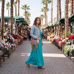 May include: A woman wearing a turquoise maxi dress and a light blue denim jacket, carrying a colorful fringed crossbody bag. The scene is set in a marketplace with palm trees and flower displays, creating a vibrant, travel-themed aesthetic.