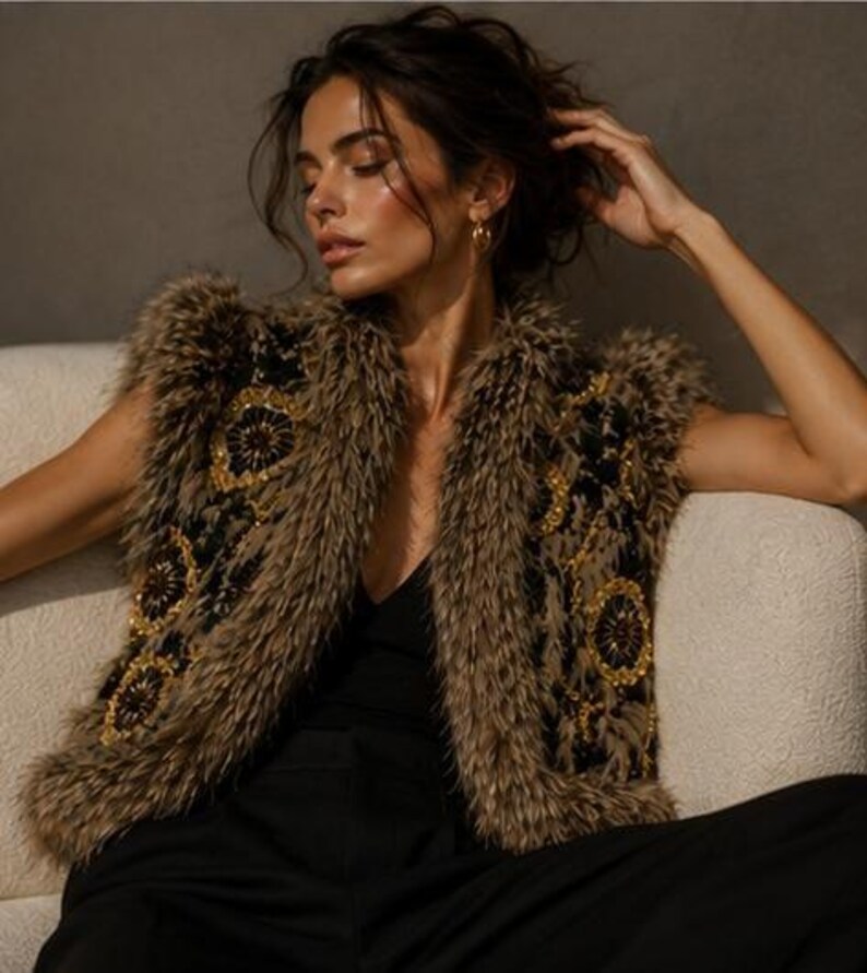 May include: A sleeveless vest featuring a shaggy brown faux fur texture, accented with black panels and intricate gold-toned circular embroidery. The garment is worn over a simple black top, showcasing a structured open-front design with a high collar.