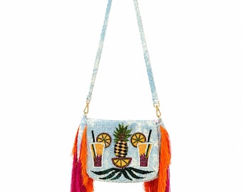 Hand Beaded Tropical Pineapple Cocktail Bag | Fringe Shoulder Purse, Boho Summer Vacation Accessory
