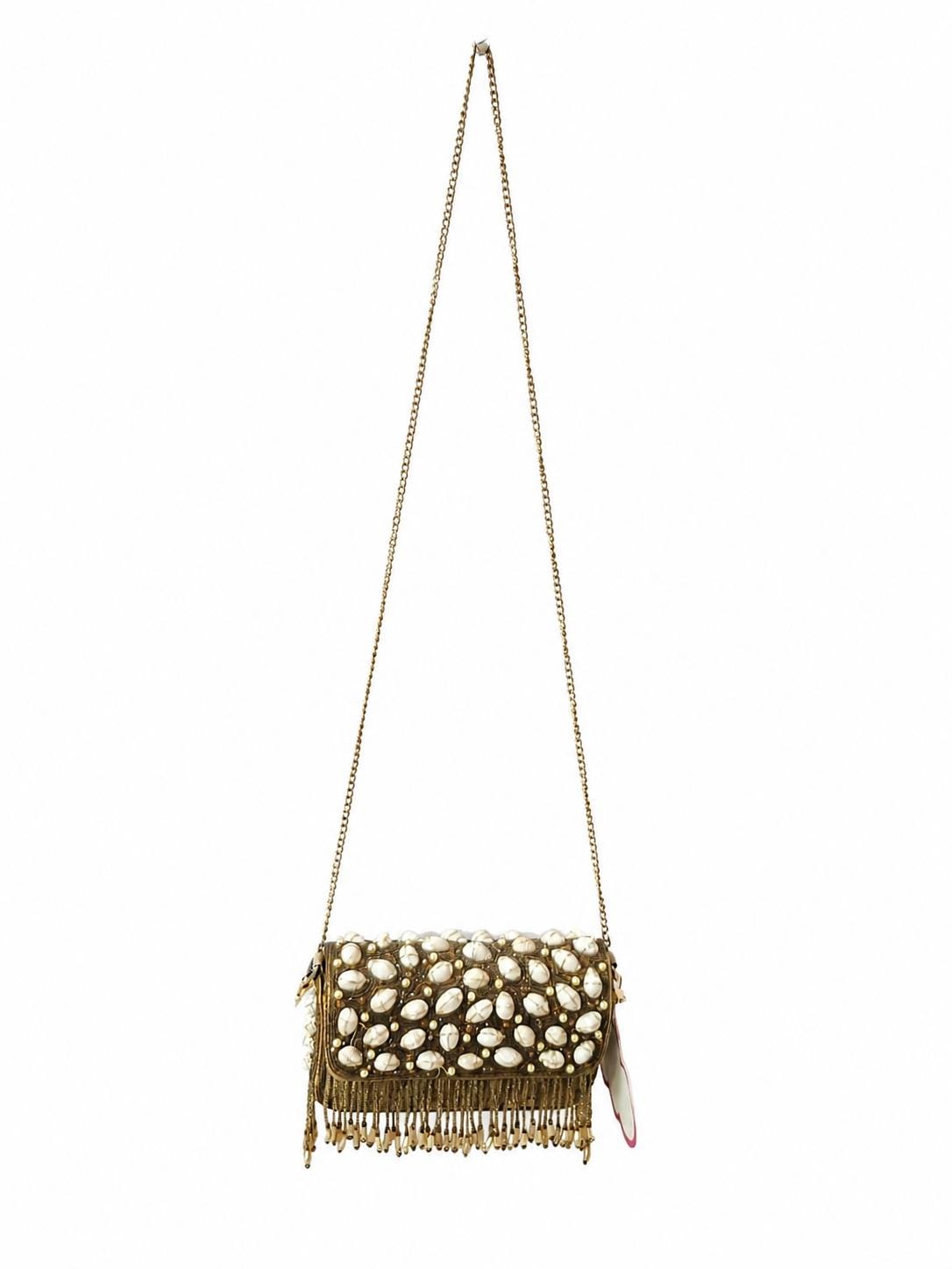 Pearl Beaded Evening Clutch Vintage Gold Fringe Crossbody Purse, Boho Wedding Handbag