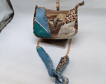 Western Patchwork Crossbody Bag – Cowhide Leopard Print Gold Metallic & Denim with Bull Head Accent