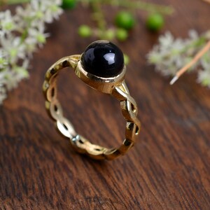 Brass Black Onyx Ring – Boho Gemstone Jewelry with Twisted Band Design