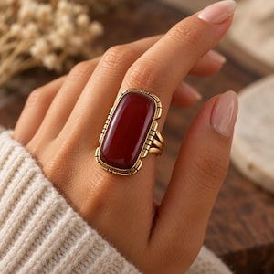 Anel de latão com jaspe vermelho – Anel retangular grande com pedra preciosa, joia vintage feita à mão