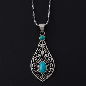 Turquoise Gemstone Pendant Necklace, Handmade Brass Boho Jewelry, Tribal Festival Necklace, Bohemian Statement Jewelry Gift for Women