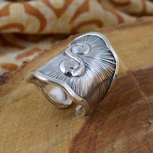 Boho Spiral Silver Ring – Handmade Engraved Adjustable Statement Ring, Ethnic Tribal Jewelry for Women