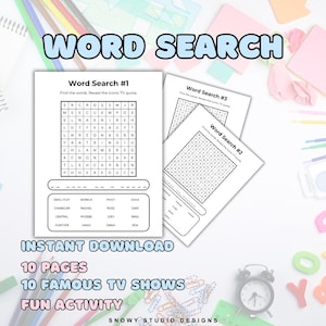 Puede incluir: Un conjunto de hojas de rompecabezas de búsqueda de palabras con el título "WORD SEARCH" en letras de burbujas azules. Las hojas incluyen rompecabezas, listas de palabras y el texto "INSTANT DOWNLOAD", "10 PAGES", "10 FAMOUS TV SHOWS" y "FUN ACTIVITY".