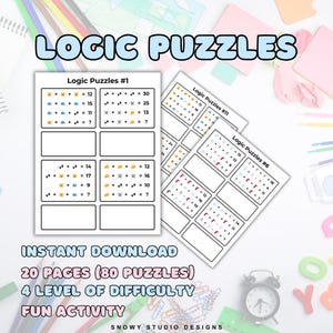 May include: A collection of logic puzzle sheets with the title "Logic Puzzles" in a playful font. The sheets feature mathematical equations and puzzles. The text "Instant Download," "20 Pages (80 Puzzles)," "4 Level of Difficulty," and "Fun Activity" is also visible.