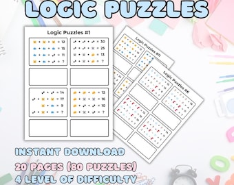 Printable Math Logic Puzzles | 80 Visual Puzzles, 4 Difficulty Levels (Digital Download)