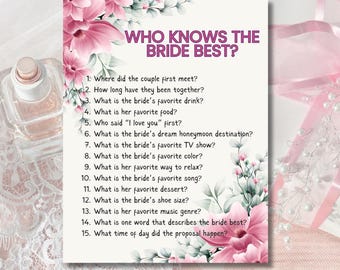 Who Knows the Bride Best Printable – Bridal Shower Game, Boho Floral, Dusty Rose Gold, Wedding Shower Activity, Instant Download
