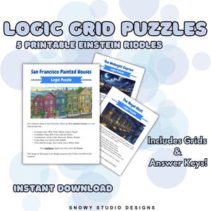 Op de afbeelding: Een set printbare logische puzzels getiteld Logic Grid Puzzles 5 Printable Einstein Riddles. De pagina's bevatten San Francisco Painted Houses, The Midnight Express en The Royal Heist. Inclusief roosters en antwoordsleutels.