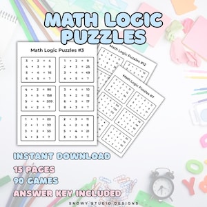 May include: White printed pages of math logic puzzles with the text "Math Logic Puzzles" and "Instant Download". The pages contain math problems with addition and subtraction. The image also includes an alarm clock and colorful office supplies.