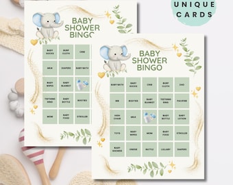 Baby Shower Bingo Game Printable – 40 Unique Cards, Gender Neutral, Elephant Theme, Instant Download