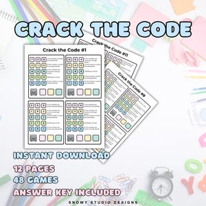 May include: A stack of printable puzzle sheets with the text "CRACK THE CODE" in a blue bubble font. The sheets feature number puzzles with a safe graphic and the text "INSTANT DOWNLOAD", "12 PAGES", "48 GAMES", and "ANSWER KEY INCLUDED".