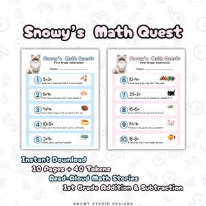 Könnte beinhalten: Zwei ausdruckbare Arbeitsblätter mit dem Titel "Snowy's Math Quest" für die erste Klasse. Jedes Arbeitsblatt enthält Matheaufgaben mit Illustrationen einer Katze, Fischen und anderen Objekten. Die Arbeitsblätter enthalten den Text "Sofort-Download" und "Vorlese-Mathe-Geschichten".