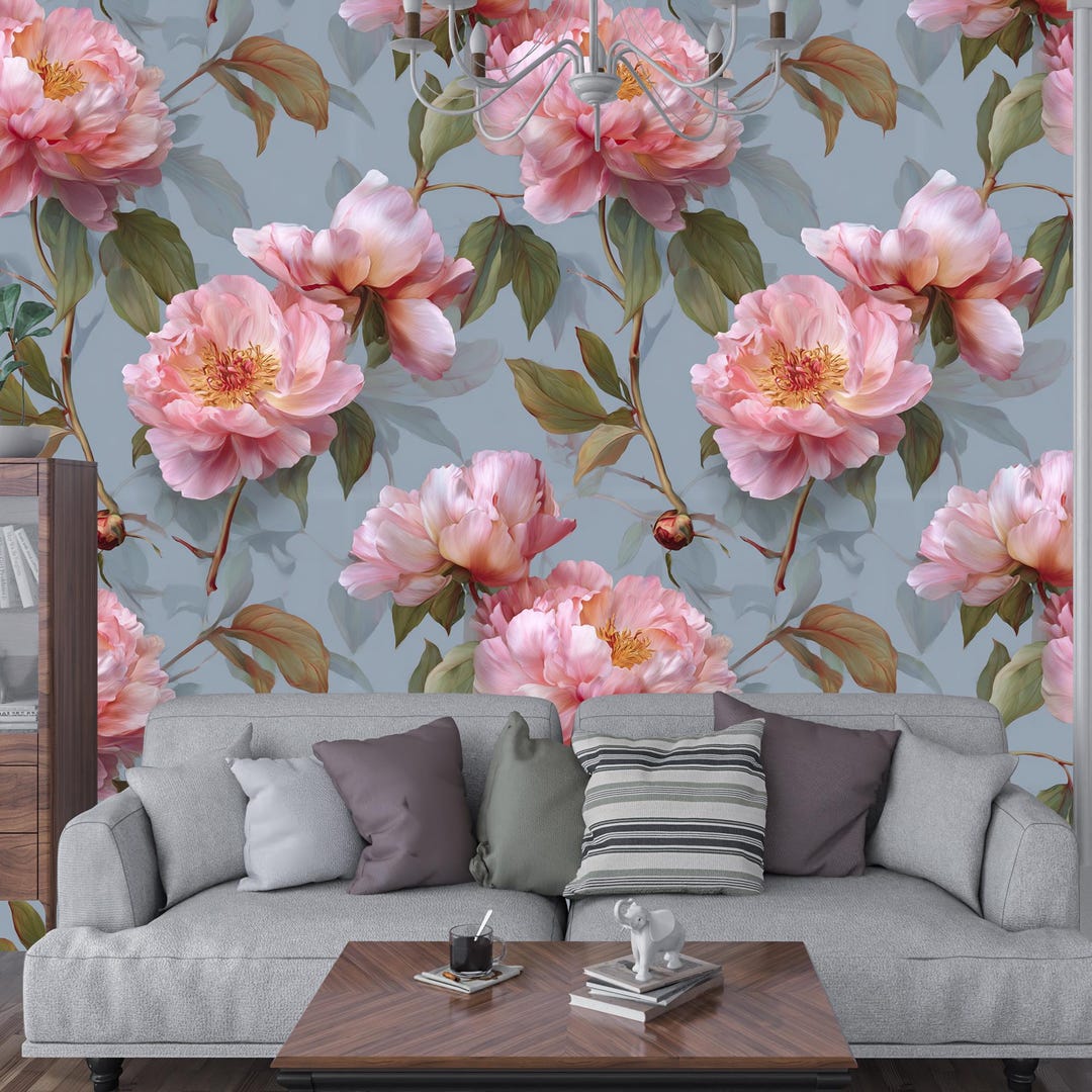 Pink Peony Floral Wallpaper: Soft Blue Botanical Wall Mural - Etsy