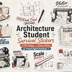 Peut inclure: Un ensemble de douze autocollants numériques sur le thème de l'architecture, incluant des tasses à café, des traceurs, des plans d'étage, des règles et des stylos. Le texte comprend des phrases comme Final Final Version, Plotter Problems, Studio Survival Kit et Sleep is Not in the Program.